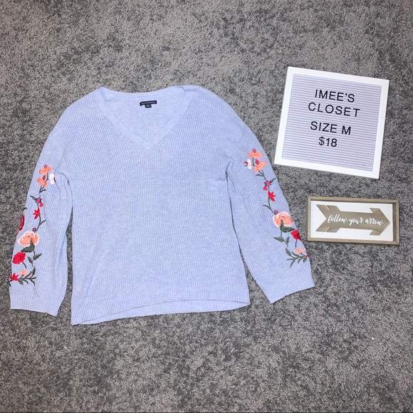 American Eagle Outfitters Sweaters - Baby Blue Knit Sweater with Embroidery